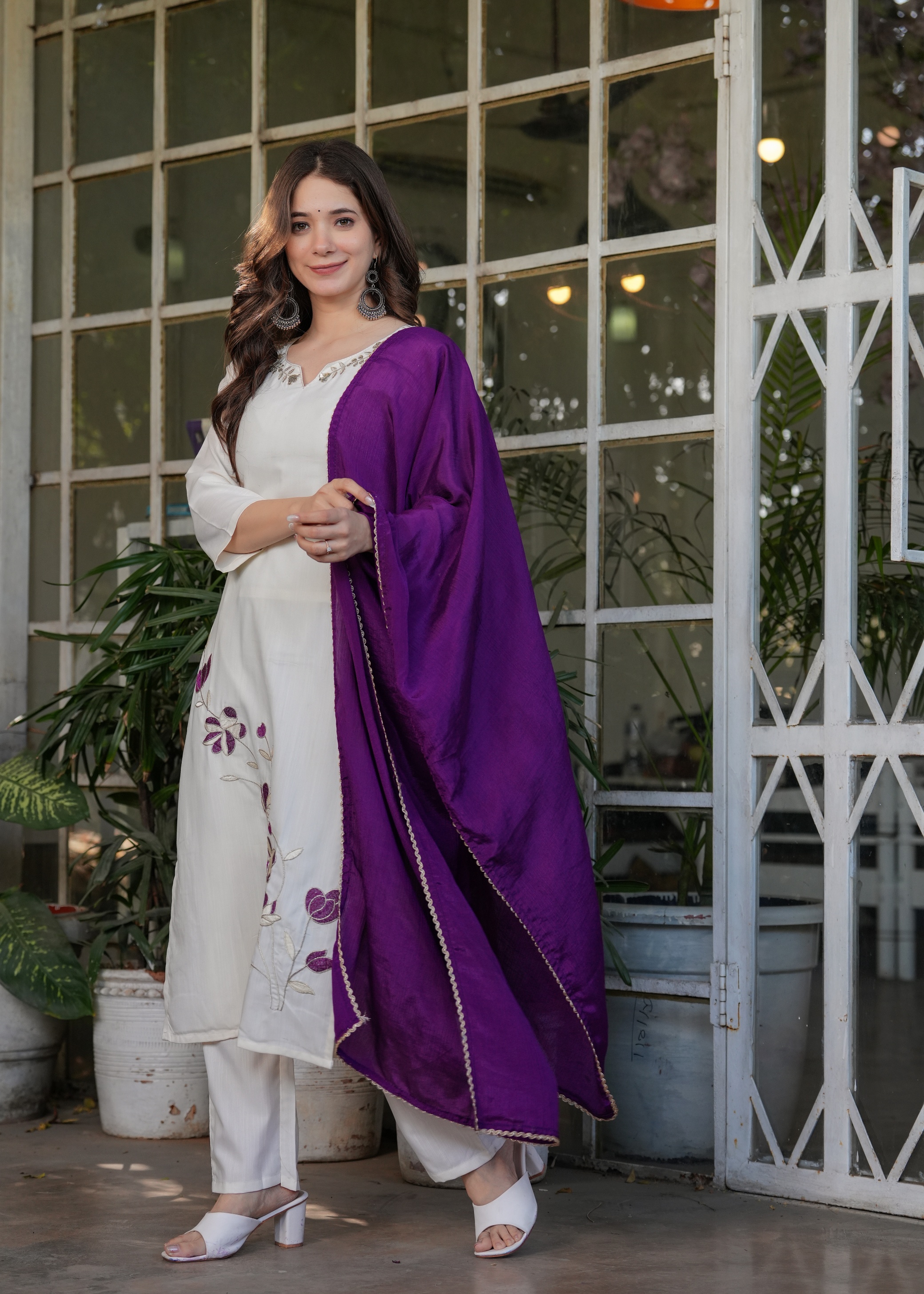White Designer Threadwork Suit with Chinon Dupatta