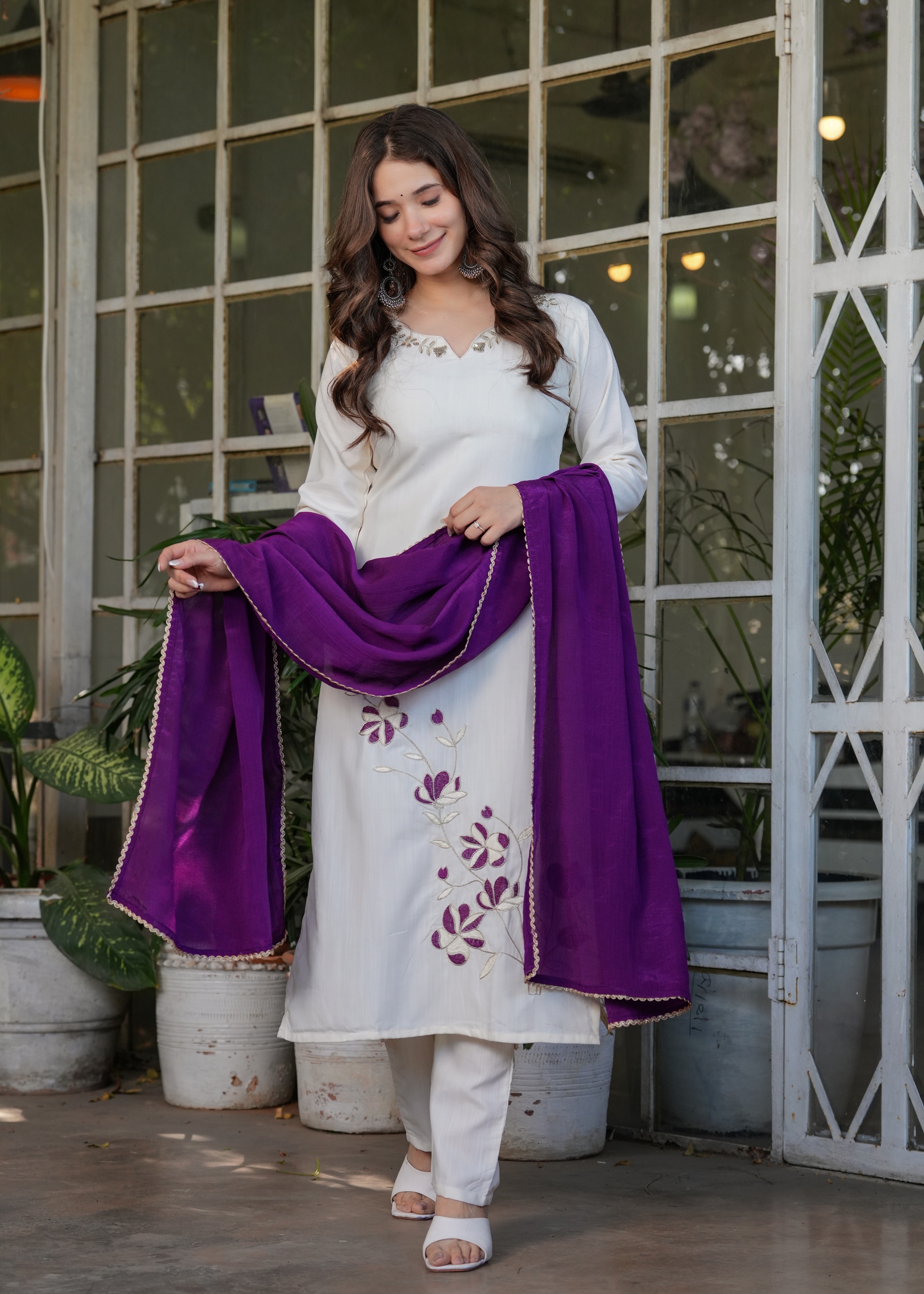 White Designer Threadwork Suit with Chinon Dupatta