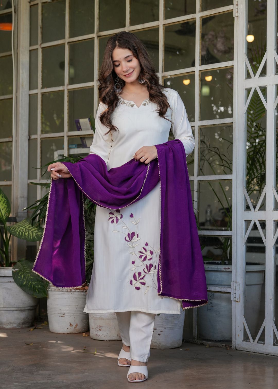 White Designer Threadwork Suit with Chinon Dupatta