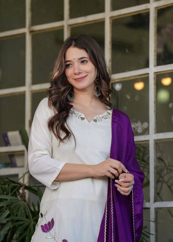 White Designer Threadwork Suit with Chinon Dupatta