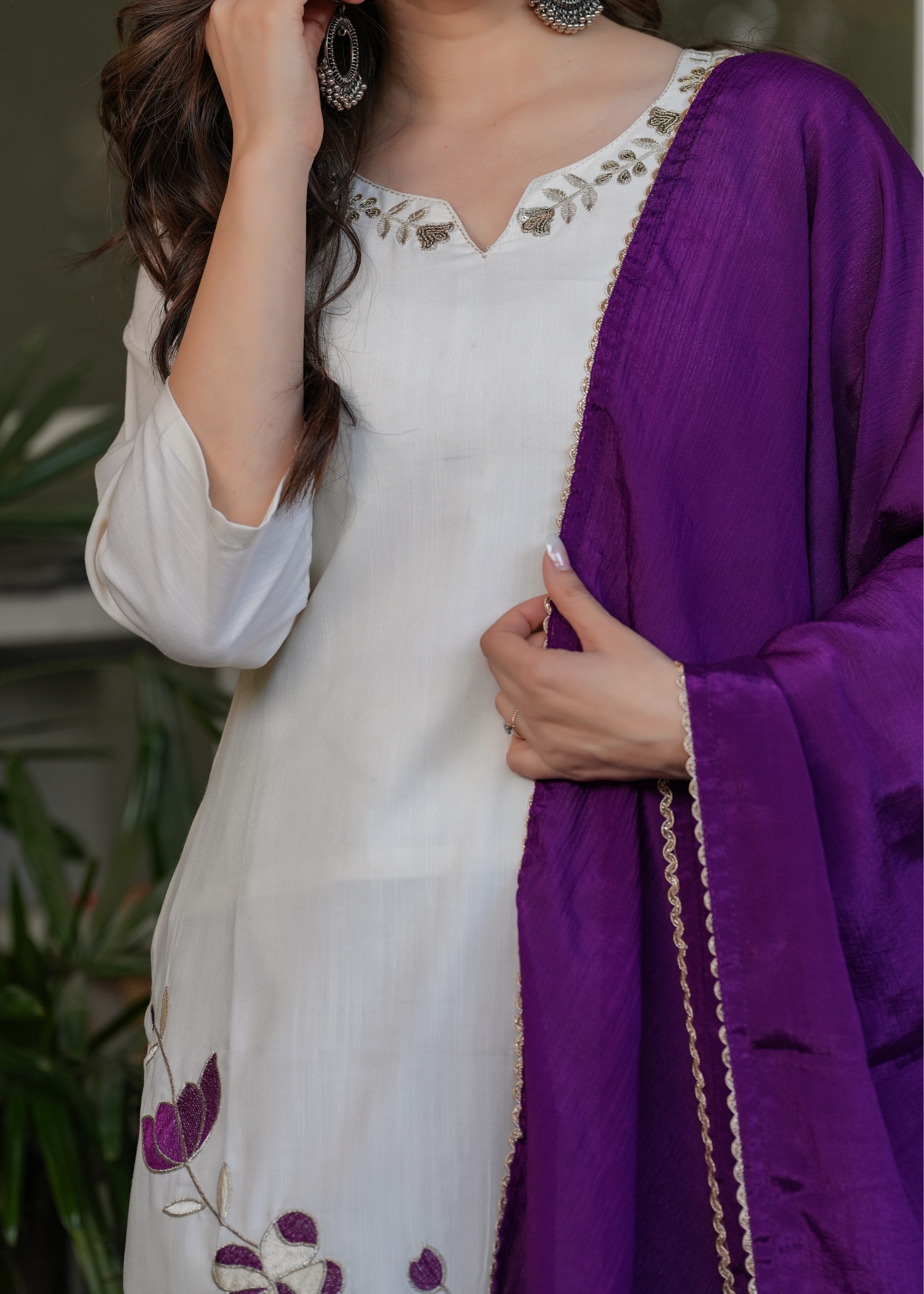 White Designer Threadwork Suit with Chinon Dupatta