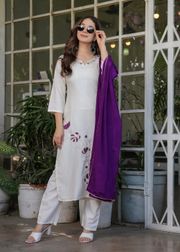 White Designer Threadwork Suit with Chinon Dupatta