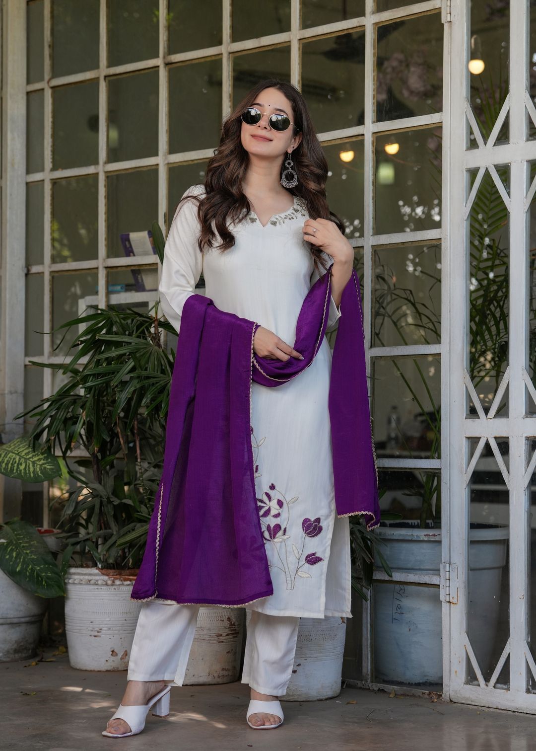 White Designer Threadwork Suit with Chinon Dupatta