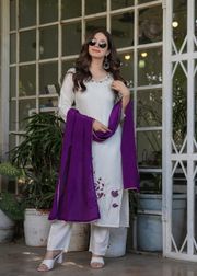 White Designer Threadwork Suit with Chinon Dupatta