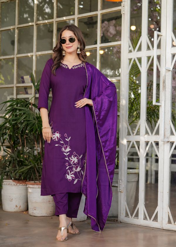 Purple Designer Rayon Threadwork Suit For Women