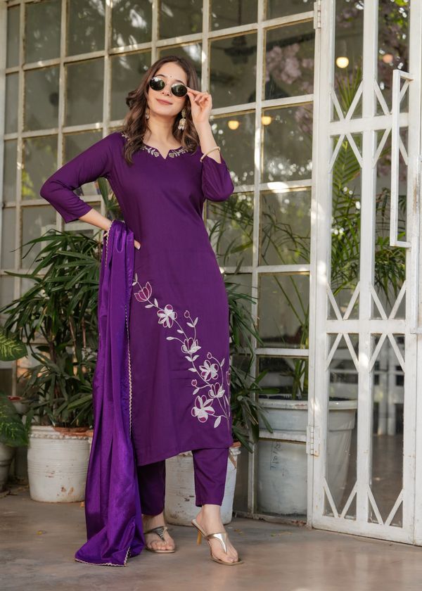 Purple Designer Rayon Threadwork Suit For Women