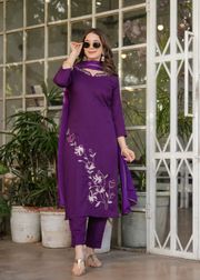 Purple Designer Rayon Threadwork Suit for Women