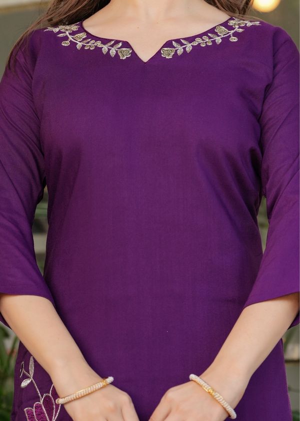 Purple Designer Rayon Threadwork Suit for Women