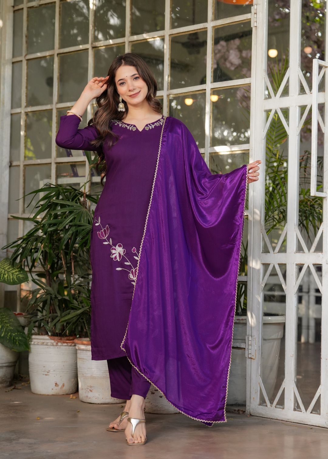 Purple Designer Rayon Threadwork Suit for Women