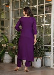 Purple Designer Rayon Threadwork Suit for Women