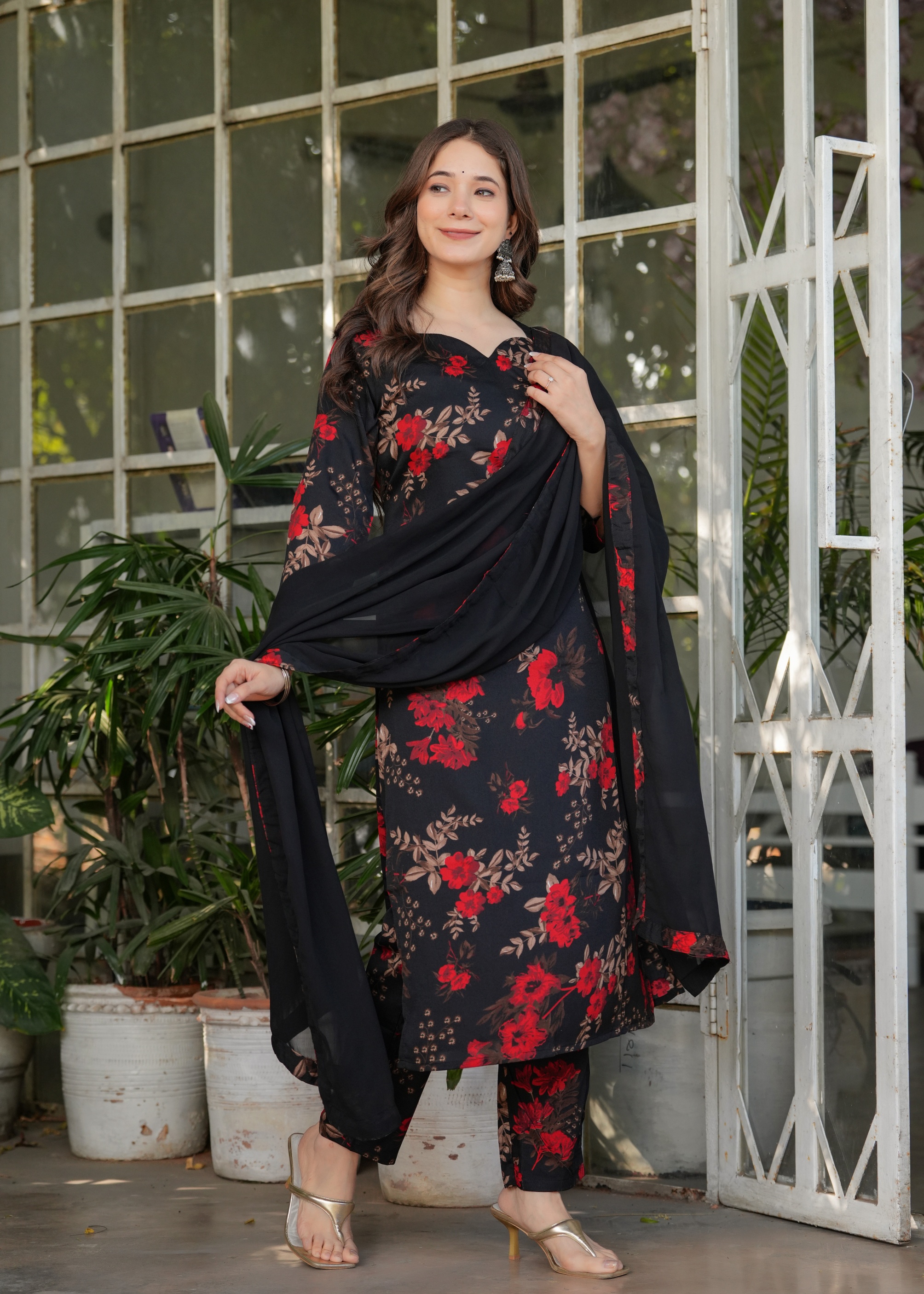 Black Floral Printed Silk Blend Salwar Suit