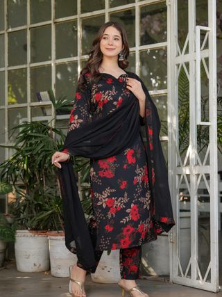 Black Floral Printed Silk Blend Salwar Suit
