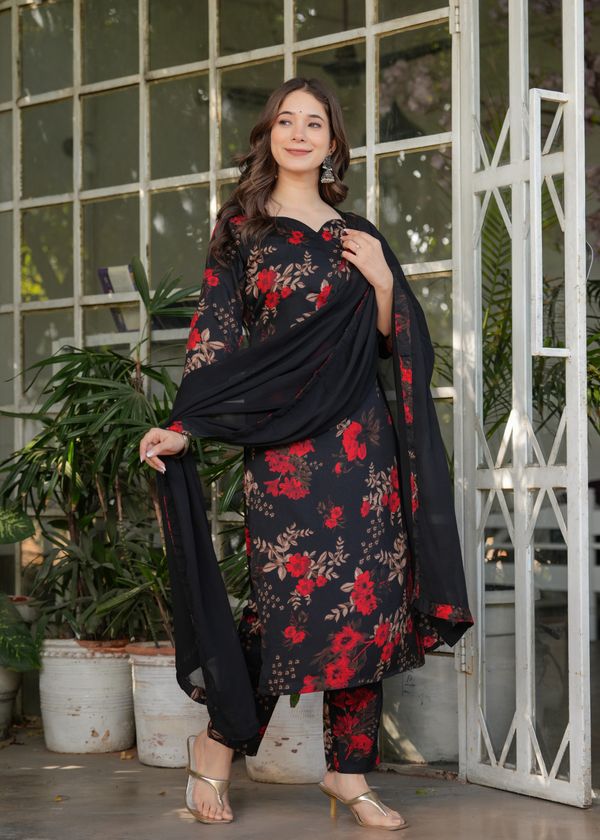 Black Floral Printed Silk Blend Salwar Suit