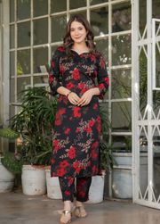 Black Floral Printed Silk Blend Salwar Suit