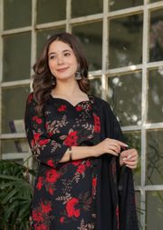 Black Floral Printed Silk Blend Salwar Suit