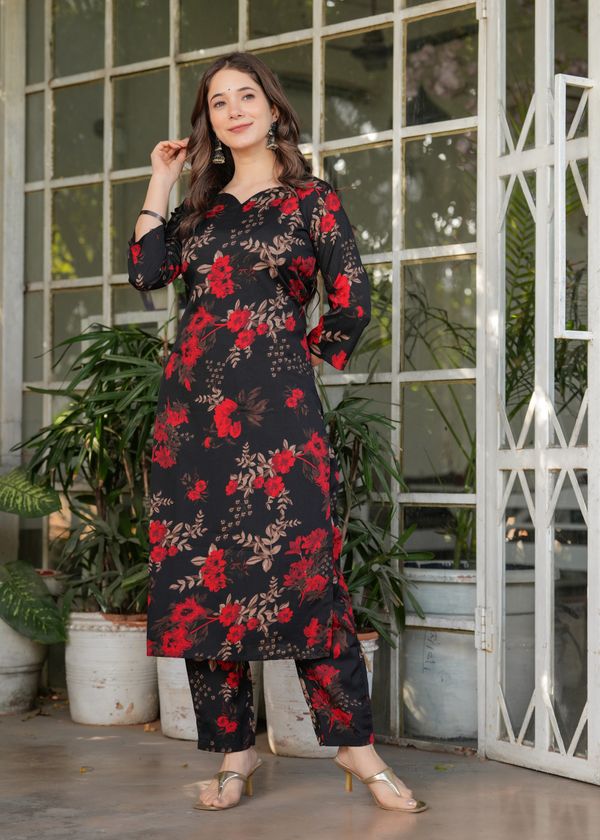Black Floral Printed Silk Blend Salwar Suit