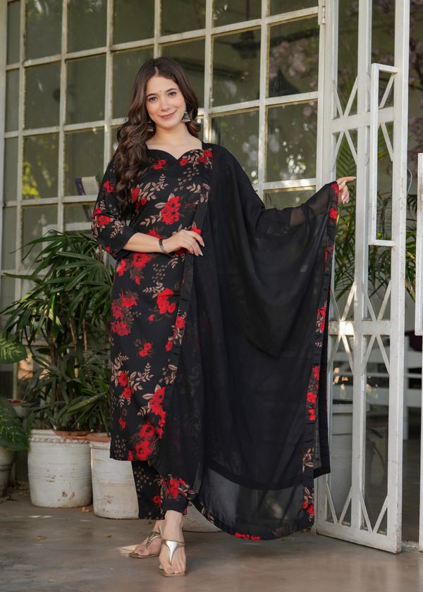 Black Floral Printed Silk Blend Salwar Suit
