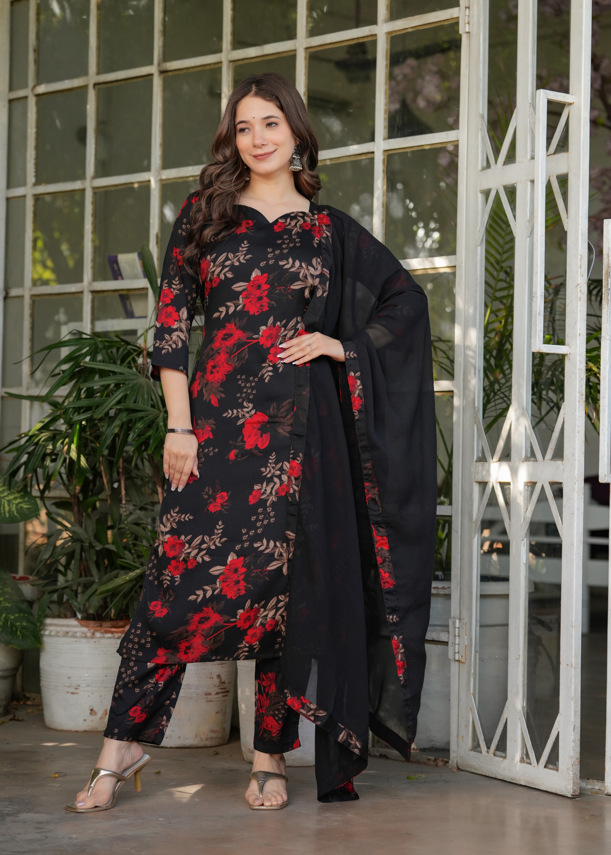 Black Floral Printed Silk Blend Salwar Suit