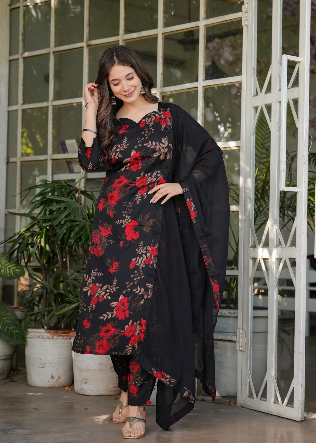 Black Floral Printed Silk Blend Salwar Suit
