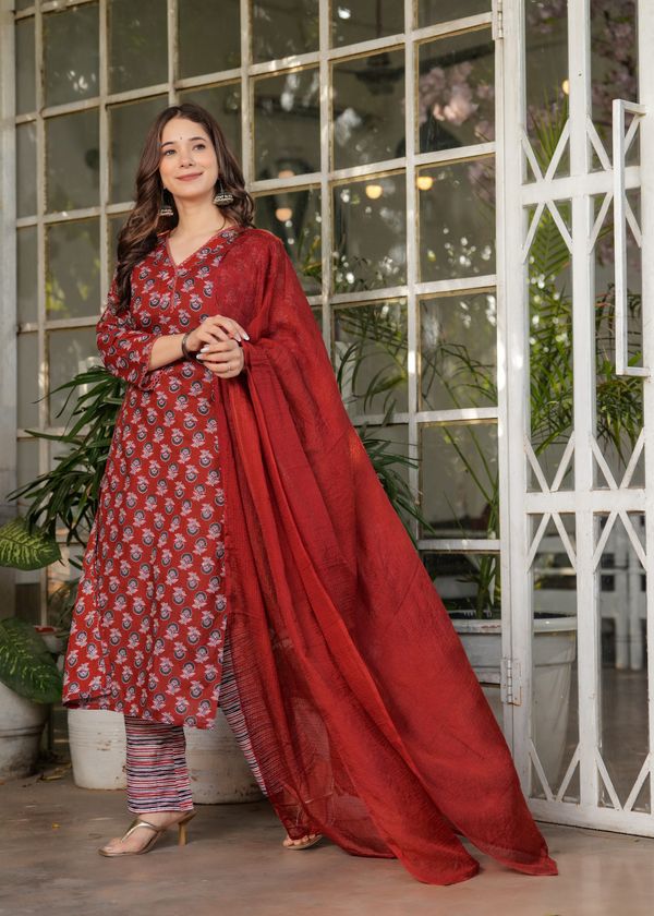 Red Silk Blend Floral Straight Suit With Dupatta