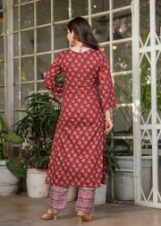 Red Silk Blend Floral Straight Suit with Dupatta