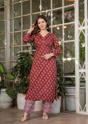 Red Silk Blend Floral Straight Suit with Dupatta