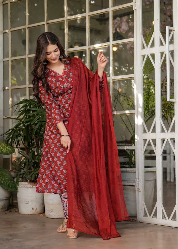 Red Silk Blend Floral Straight Suit with Dupatta