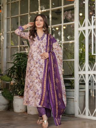 Shop Cream Pure Cotton Printed Suit Set
