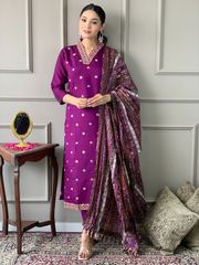 Shop Purple Viscose Chanderi Threadwork Suit Set with Chinon Dupatta