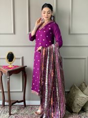 Shop Purple Viscose Chanderi Threadwork Suit Set with Chinon Dupatta