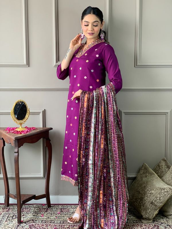 Shop Purple Viscose Chanderi Threadwork Suit Set with Chinon Dupatta