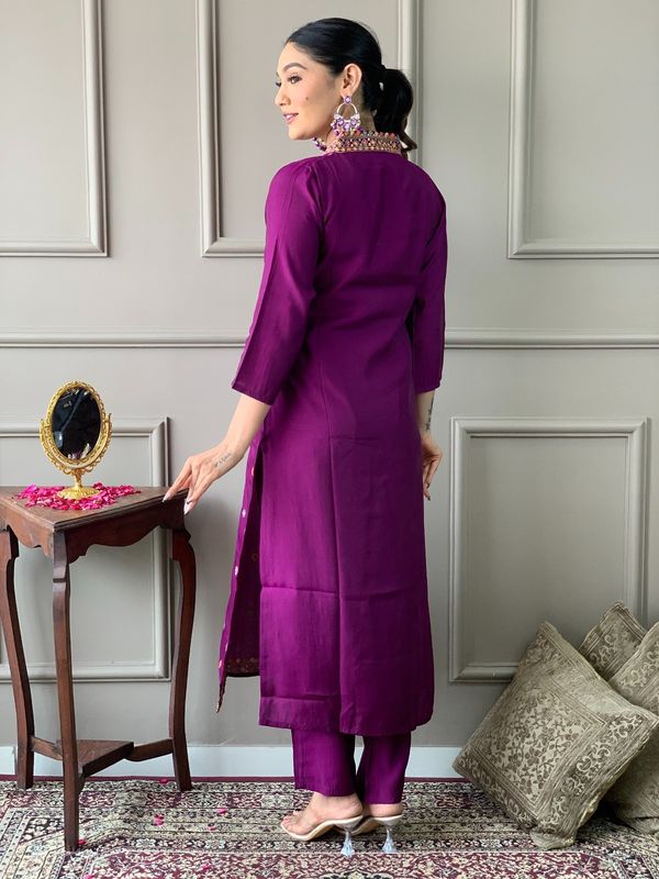 Shop Purple Viscose Chanderi Threadwork Suit Set with Chinon Dupatta