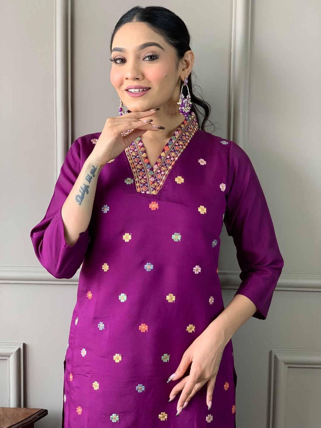 Shop Purple Viscose Chanderi Threadwork Suit Set with Chinon Dupatta