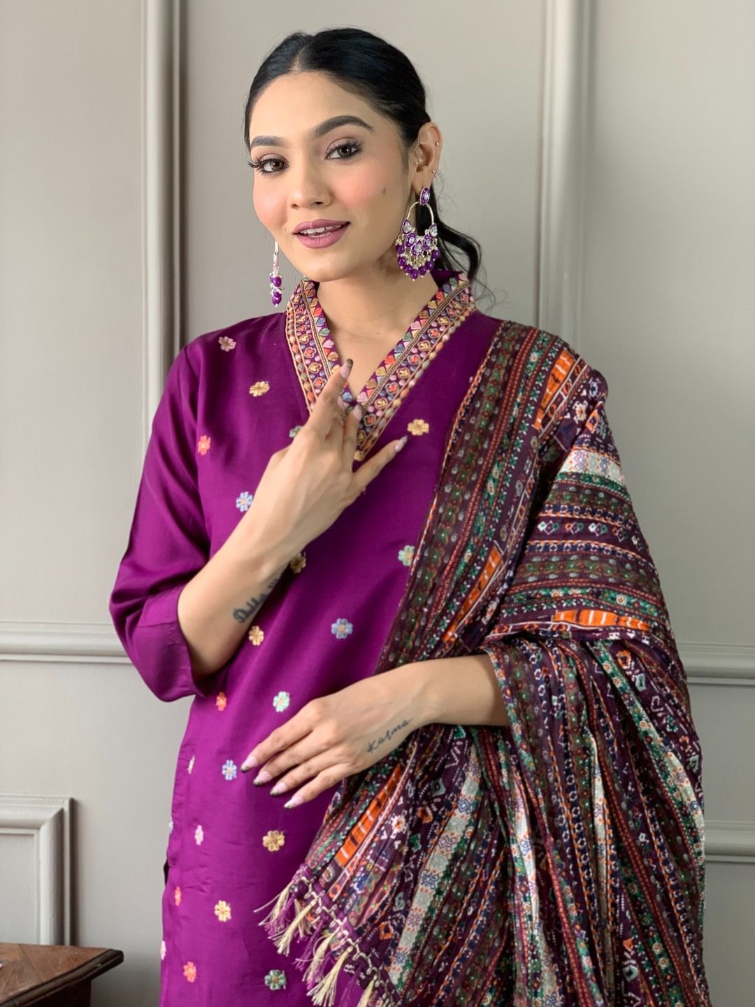 Shop Purple Viscose Chanderi Threadwork Suit Set with Chinon Dupatta