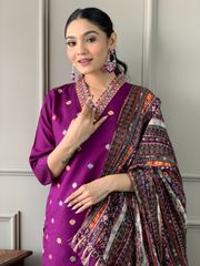 Shop Purple Viscose Chanderi Threadwork Suit Set with Chinon Dupatta