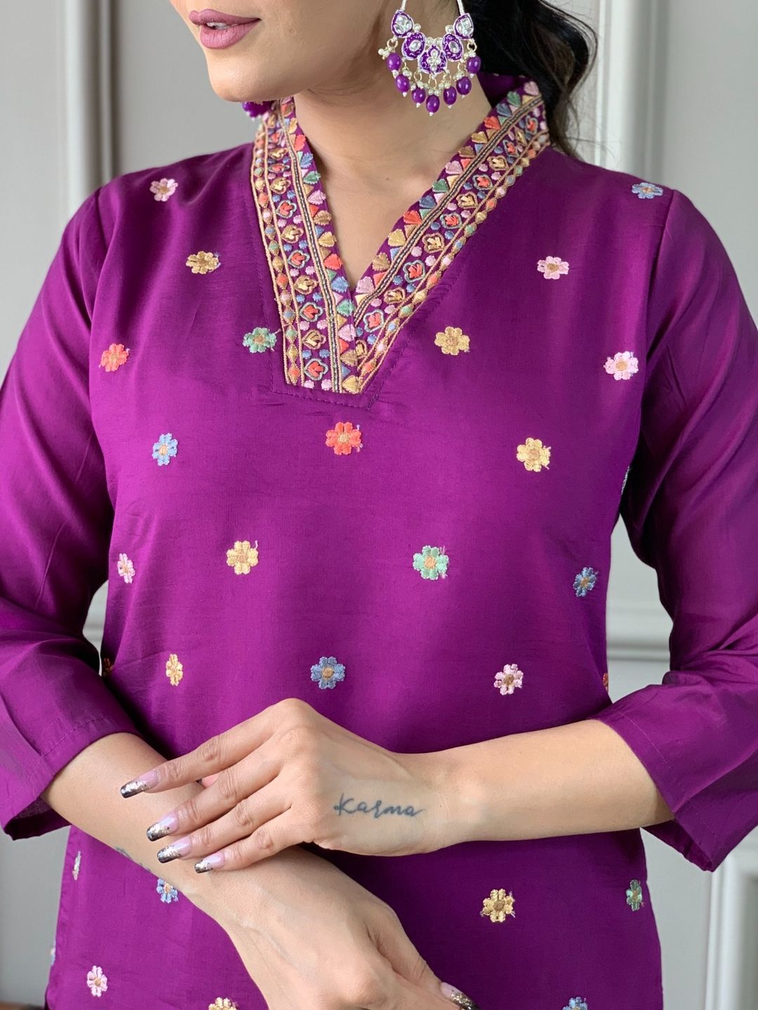 Shop Purple Viscose Chanderi Threadwork Suit Set with Chinon Dupatta