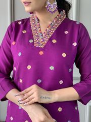 Shop Purple Viscose Chanderi Threadwork Suit Set with Chinon Dupatta