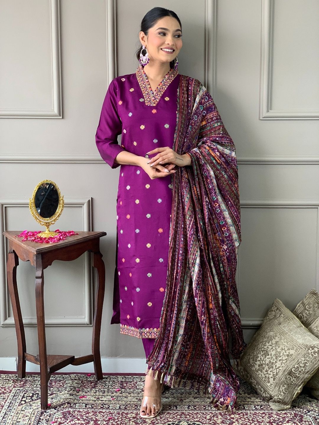 Shop Purple Viscose Chanderi Threadwork Suit Set with Chinon Dupatta