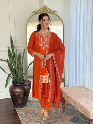 Shop Orange  Threadwork Suit Set with Chinon Dupatta