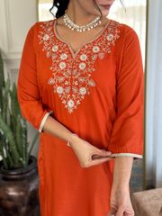Shop Orange Viscose Chanderi Threadwork Suit Set with Chinon Dupatta for Women at Varnavi