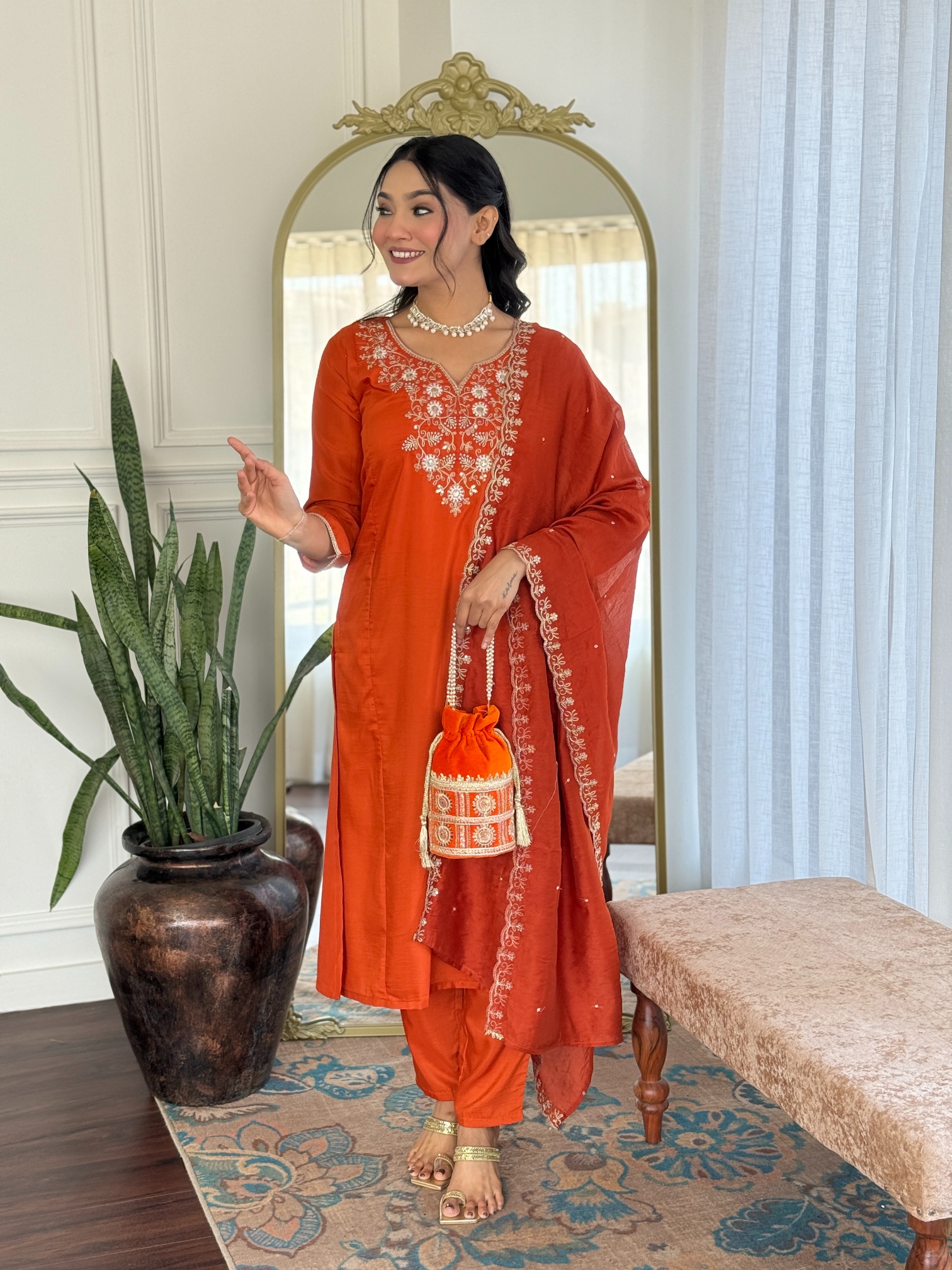 Shop Orange  Threadwork Suit Set with Chinon Dupatta