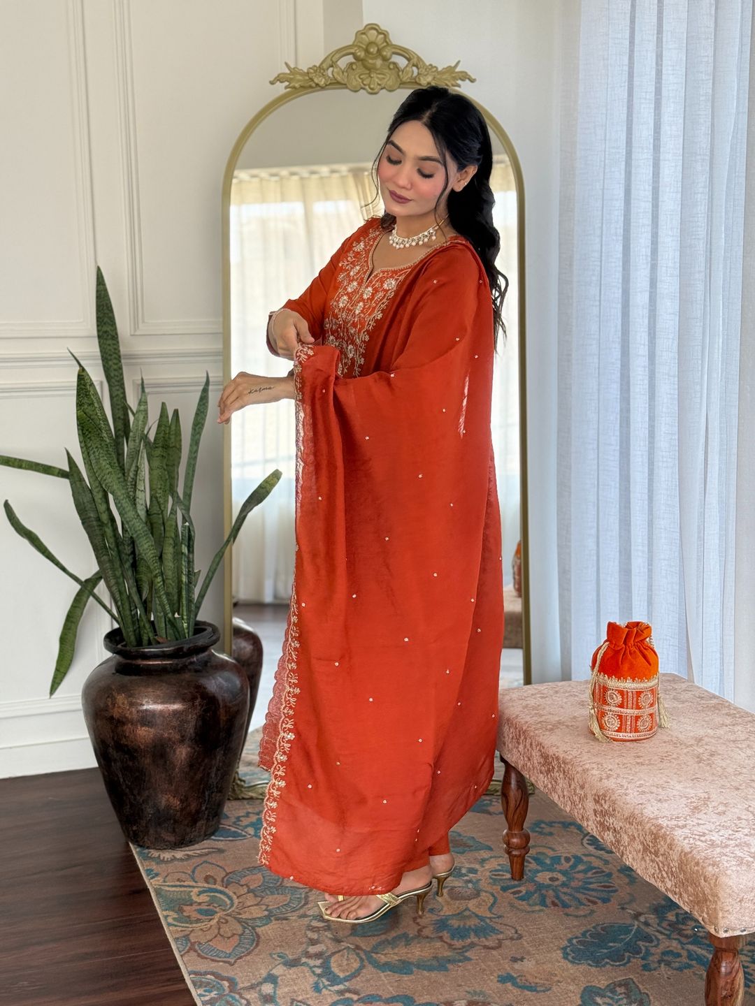 Shop Orange Viscose Chanderi Threadwork Suit Set with Chinon Dupatta for Women at Varnavi