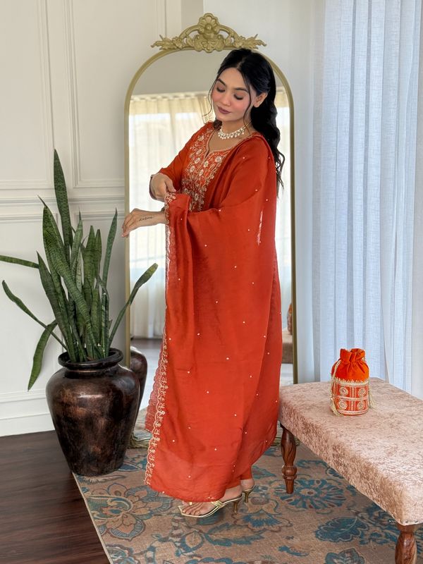 Shop Orange  Threadwork Suit Set with Chinon Dupatta