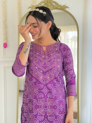 Shop Purple French Crepe Hand Mirror Work Suit Set