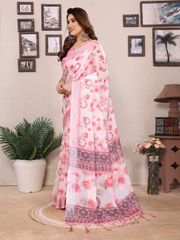 Pink Floral Cotton Linen Printed Saree - Pink
