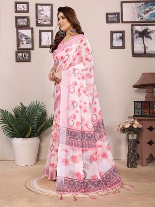 Pink Floral Cotton Linen Printed Saree