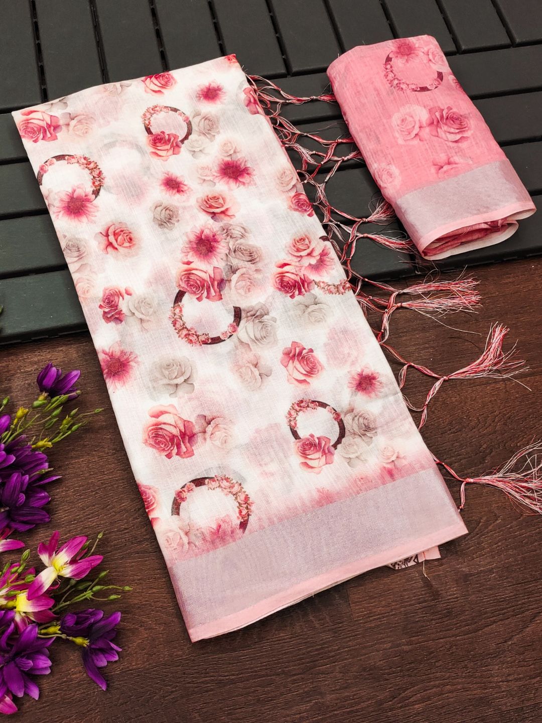 Pink Floral Cotton Linen Printed Saree