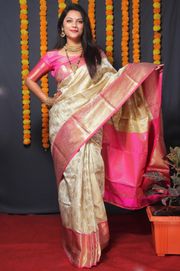 Cream Pink Banarasi Soft Silk Zari Weave Saree - Cream