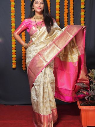 Cream Pink Banarasi Soft Silk Zari Weave Saree
