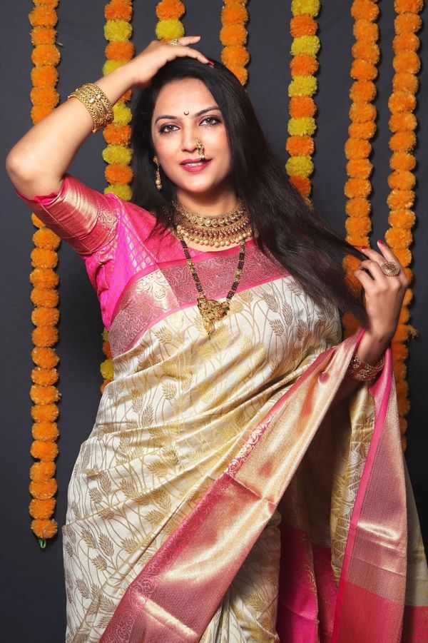 Cream Pink Banarasi Soft Silk Zari Weave Saree